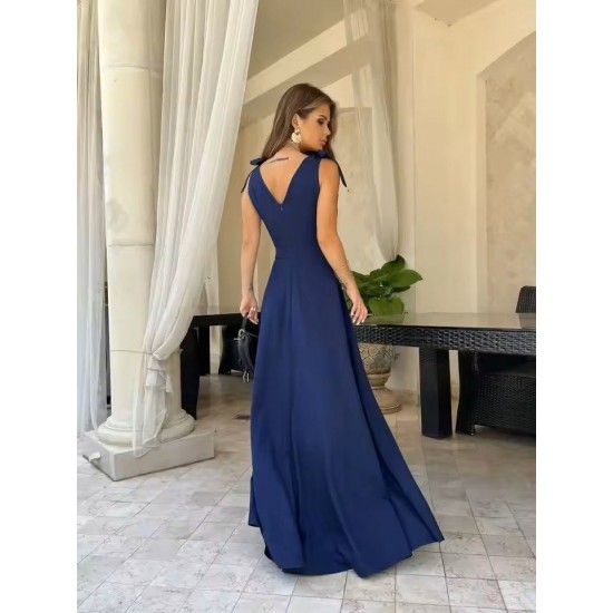 Kadın Askılı Omuzdan Bağlamalı Kruvaze Yakalı Uzun Yırtmaçlı Janjan Krep Elbise , 26562