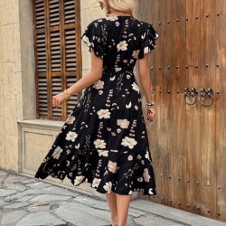 Kadın Kısa Kelebek Kollu Kruvaze Yakalı Belden Kuşaklı Midi Süprem Elbise , 26576 Kadın Kısa Kelebek Kollu Kruvaze Yakalı Belden Kuşaklı Midi Süprem Elbise , 26576