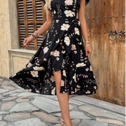Kadın Kısa Kelebek Kollu Kruvaze Yakalı Belden Kuşaklı Midi Süprem Elbise , 26576 Kadın Kısa Kelebek Kollu Kruvaze Yakalı Belden Kuşaklı Midi Süprem Elbise , 26576