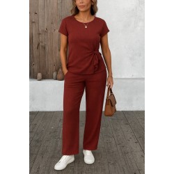 Kadın Kısa Kollu Bisiklet Yaka Yandan Bağlamalı Bürümcük Bluz Ve Pantolon Ikili Takım , 26598 Kadın Kısa Kollu Bisiklet Yaka Yandan Bağlamalı Bürümcük Bluz Ve Pantolon Ikili Takım , 26598