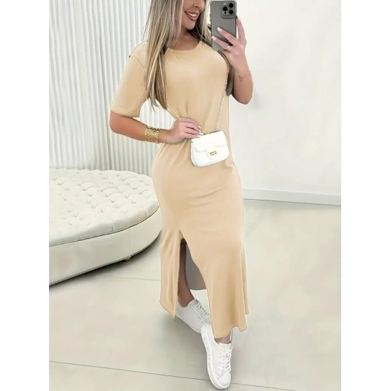 Kadın Kısa Kollu Bisiklet Yaka Yandan Yırtmaçlı Viskon Elbise , 26650 Kadın Kısa Kollu Bisiklet Yaka Yandan Yırtmaçlı Viskon Elbise , 26650