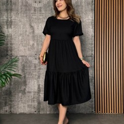 Kadın Kısa Kollu Yakası Açık Katlı Bürümcük Balon Elbise , 26687