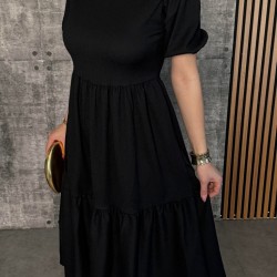 Kadın Kısa Kollu Yakası Açık Katlı Bürümcük Balon Elbise , 26687