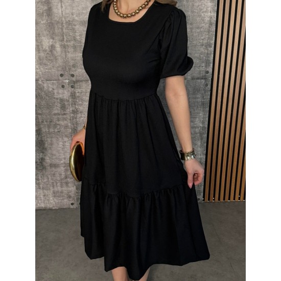 Kadın Kısa Kollu Yakası Açık Katlı Bürümcük Balon Elbise , 26687