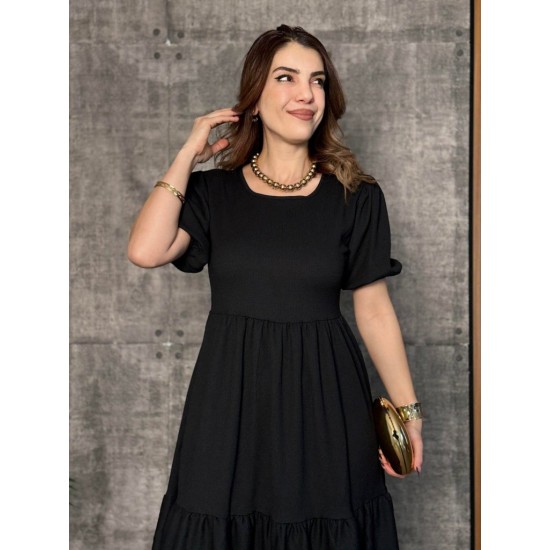 Kadın Kısa Kollu Yakası Açık Katlı Bürümcük Balon Elbise , 26687