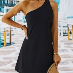 Kadın Tek Omuz Askılı Krep Mini Elbise , 26703 Kadın Tek Omuz Askılı Krep Mini Elbise , 26703
