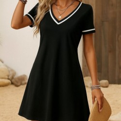 Kadın Kısa Kollu V çizgili Yakalı Kısa Viskon Elbise, 26748