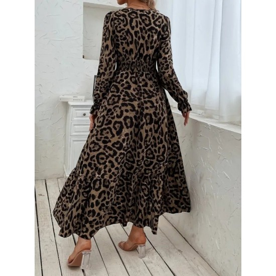 Kadın Uzun Kollu Kruvaze Yaka Leopar Desenli Uzun Süprem Elbise, 26837 Kadın Uzun Kollu Kruvaze Yaka Leopar Desenli Uzun Süprem Elbise, 26837