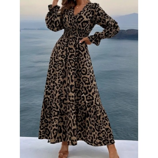 Kadın Uzun Kollu Kruvaze Yaka Leopar Desenli Uzun Süprem Elbise, 26837 Kadın Uzun Kollu Kruvaze Yaka Leopar Desenli Uzun Süprem Elbise, 26837