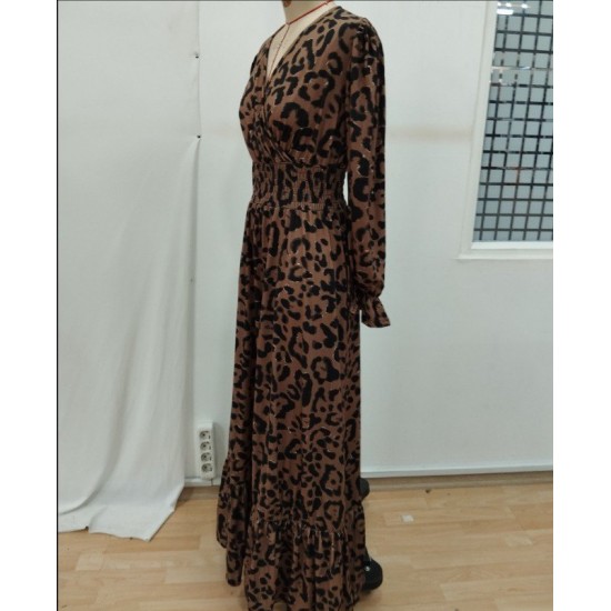 Kadın Uzun Kollu Kruvaze Yaka Leopar Desenli Uzun Süprem Elbise, 26837 Kadın Uzun Kollu Kruvaze Yaka Leopar Desenli Uzun Süprem Elbise, 26837