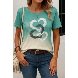 Kadın Kısa Kollu Bisiklet Yaka Kalp Baskılı Süprem Bluz, 26835