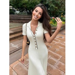 Kadın Kısa Kollu Yakalı önden Düğmeli Maxi Triko Elbise , 26953 Kadın Kısa Kollu Yakalı önden Düğmeli Maxi Triko Elbise , 26953