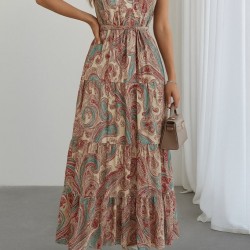 Kadın Halter Yakalı Omuzlardan Açık Kuşaklı Maksi Boy Desenli Süprem Elbise , 26965