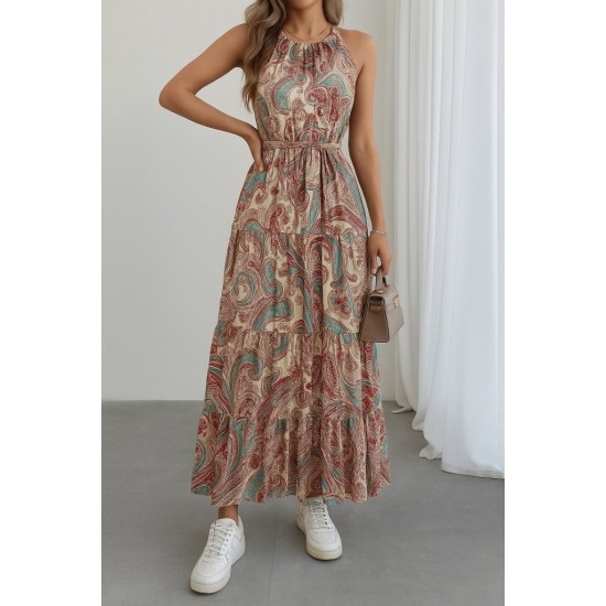 Kadın Halter Yakalı Omuzlardan Açık Kuşaklı Maksi Boy Desenli Süprem Elbise , 26965 Kadın Halter Yakalı Omuzlardan Açık Kuşaklı Maksi Boy Desenli Süprem Elbise , 26965