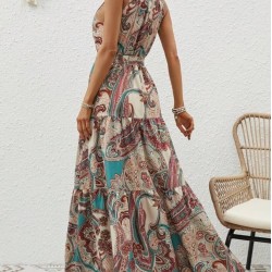 Kadın Halter Yakalı Omuzlardan Açık Kuşaklı Maksi Boy Desenli Süprem Elbise , 26965