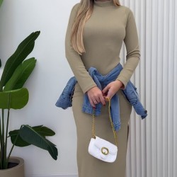 Kadın Uzun Kollu Balıkçı Yakalı Yanlardan Yırtmaçlı Kaşkorse Maxi Elbise , 26968 Kadın Uzun Kollu Balıkçı Yakalı Yanlardan Yırtmaçlı Kaşkorse Maxi Elbise , 26968