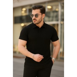 Erkek Kısa Kollu Yakalı çizgi Desenli Triko Bluz , 27012