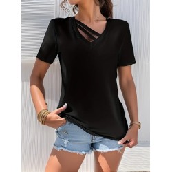 Kadın Kısa Kollu V Yaka şerit Detay Viskon Bluz, 27013