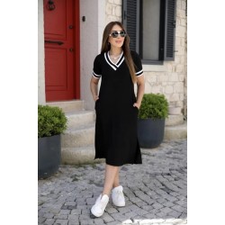 Kadın Kısa Kollu V Yaka Kol Ve Yaka Ribana Detay Midi Boy Viskon Elbise, 27054 Kadın Kısa Kollu V Yaka Kol Ve Yaka Ribana Detay Midi Boy Viskon Elbise, 27054