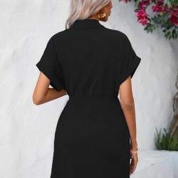 Kadın Kısa Kollu Yakalı Yandan Bağlamalı Dokuma Elbise , 27052