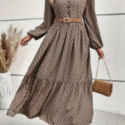 Kadın Uzun Kollu Hakim Yakalı Düğmeli Kemersiz Desenli Maxi Süprem Elbise, 27095 Kadın Uzun Kollu Hakim Yakalı Düğmeli Kemersiz Desenli Maxi Süprem Elbise, 27095