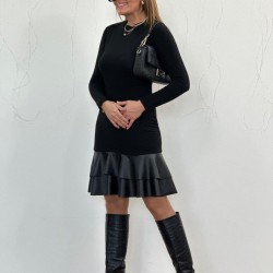 Kadın Uzun Kollu Bisiklet Yaka üst Viskon Etek Ucu Deri Kısa Elbise, 27058 Kadın Uzun Kollu Bisiklet Yaka üst Viskon Etek Ucu Deri Kısa Elbise, 27058