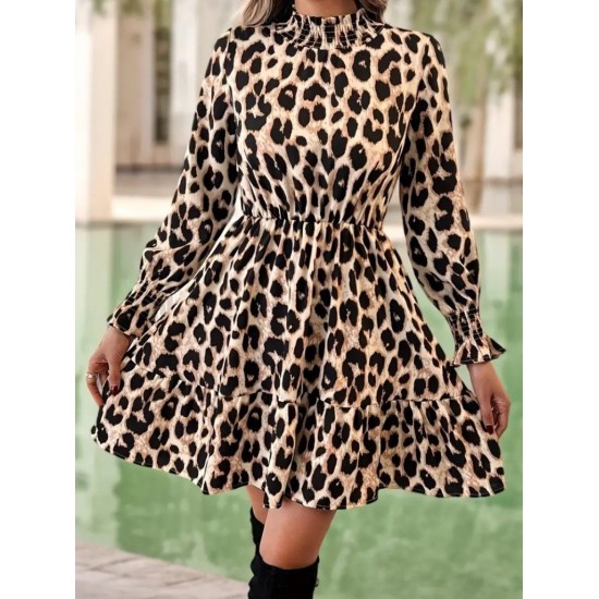 Kadın Uzun Kollu Yarı Balıkçı Yaka Leopar Desenli Modal Mini Elbise , 27130 Kadın Uzun Kollu Yarı Balıkçı Yaka Leopar Desenli Modal Mini Elbise , 27130