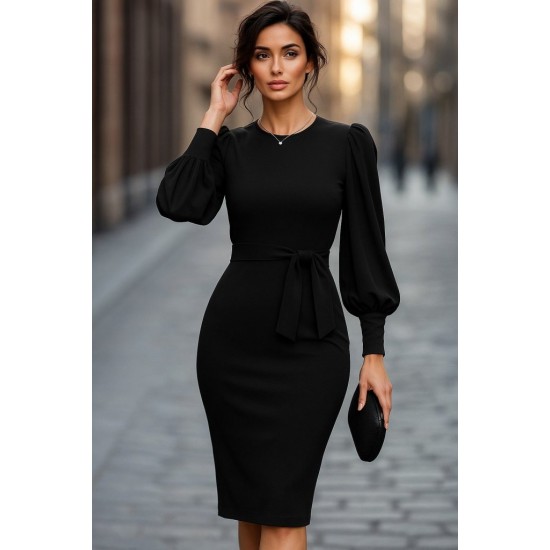 Kadın Uzun Kollu Bisiklet Yaka Beli Kuşaklı Ithal Krep Midi Elbise, 27166 Kadın Uzun Kollu Bisiklet Yaka Beli Kuşaklı Ithal Krep Midi Elbise, 27166