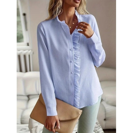 Kadın Uzun Kollu Fırfır Yakalı önden Düğmeli çizgili Burgu Gömlek , 27163 Kadın Uzun Kollu Fırfır Yakalı önden Düğmeli çizgili Burgu Gömlek , 27163