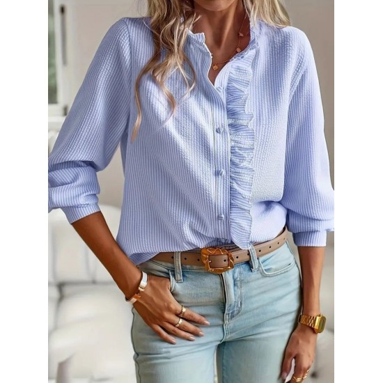 Kadın Uzun Kollu Fırfır Yakalı önden Düğmeli çizgili Burgu Gömlek , 27163 Kadın Uzun Kollu Fırfır Yakalı önden Düğmeli çizgili Burgu Gömlek , 27163