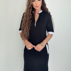 Kadın Kısa Kollu Yakadan Fermuarlı Cepli Yandan Yırtmaçlı Viskon Elbise , 27160 Kadın Kısa Kollu Yakadan Fermuarlı Cepli Yandan Yırtmaçlı Viskon Elbise , 27160