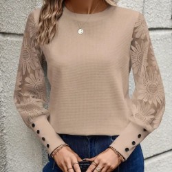 Kadın Uzun Kollu Bisiklet Yaka Kolları çiçekli Waffle Bluz, 27244