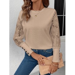 Kadın Uzun Kollu Bisiklet Yaka Kolları çiçekli Waffle Bluz, 27244