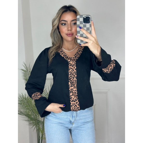 Kadın Uzun Kollu V Yakalı Leopar Detaylı Krep Bluz, 27266 Kadın Uzun Kollu V Yakalı Leopar Detaylı Krep Bluz, 27266