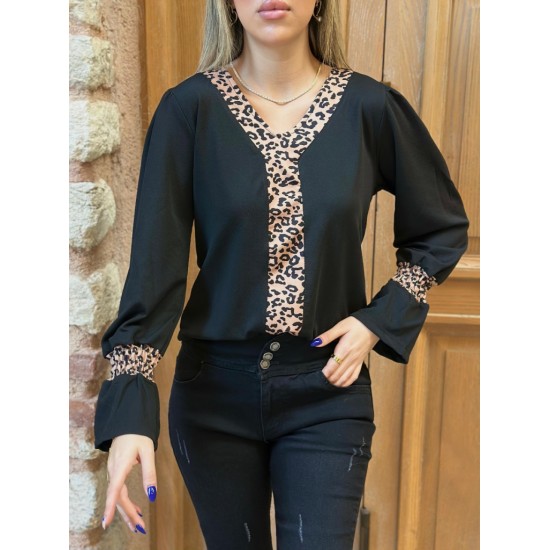 Kadın Uzun Kollu V Yakalı Leopar Detaylı Krep Bluz, 27266 Kadın Uzun Kollu V Yakalı Leopar Detaylı Krep Bluz, 27266