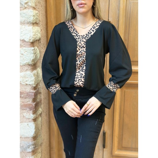 Kadın Uzun Kollu V Yakalı Leopar Detaylı Krep Bluz, 27266 Kadın Uzun Kollu V Yakalı Leopar Detaylı Krep Bluz, 27266