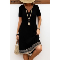 Kadın Kısa Kollu V Yakalı Etek Ucu Desenli Viskon Elbise , 27286