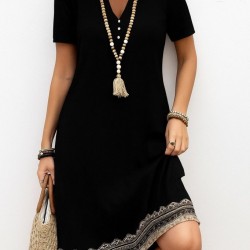 Kadın Kısa Kollu V Yakalı Etek Ucu Desenli Viskon Elbise , 27286