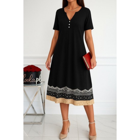 Kadın Kısa Kollu V Yakalı Etek Ucu Desenli Viskon Elbise , 27286