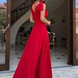 Kadın Askılı Omuzdan Bağlamalı Kruvaze Yakalı Uzun Yırtmaçlı Janjan Krep Elbise , 27283