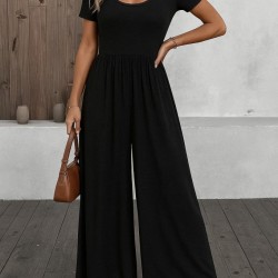 Kadın Kısa Kollu Yuvarlak Yaka Geniş Paçalı Bürümcük Tulum, 27349