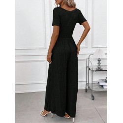 Kadın Kısa Kollu Yuvarlak Yaka Geniş Paçalı Bürümcük Tulum, 27349