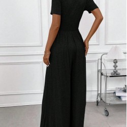 Kadın Kısa Kollu Yuvarlak Yaka Geniş Paçalı Bürümcük Tulum, 27349