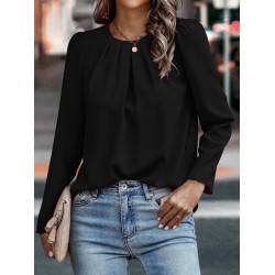 Kadın Uzun Kollu Yuvarlak önden Pileli Ithal Krep Bluz, 27360