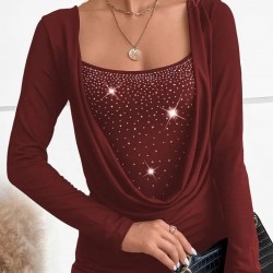 Kadın Uzun Kollu Derin Degaje Yakalı Taşlı Sandy Bluz, 27374 Kadın Uzun Kollu Derin Degaje Yakalı Taşlı Sandy Bluz, 27374