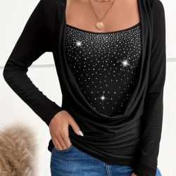 Kadın Uzun Kollu Derin Degaje Yakalı Taşlı Sandy Bluz, 27372 Kadın Uzun Kollu Derin Degaje Yakalı Taşlı Sandy Bluz, 27372