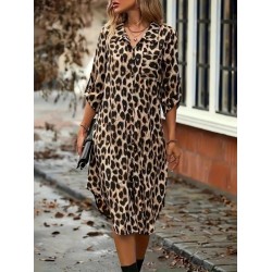 Kadın Uzun Kollu Yakalı önden Düğmeli Leopar Desenli Modal Midi Elbise , 27386 Kadın Uzun Kollu Yakalı önden Düğmeli Leopar Desenli Modal Midi Elbise , 27386
