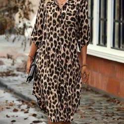 Kadın Uzun Kollu Yakalı önden Düğmeli Leopar Desenli Modal Midi Elbise , 27386 Kadın Uzun Kollu Yakalı önden Düğmeli Leopar Desenli Modal Midi Elbise , 27386