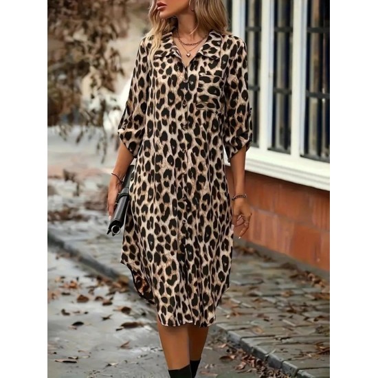 Kadın Uzun Kollu Yakalı önden Düğmeli Leopar Desenli Modal Midi Elbise , 27386 Kadın Uzun Kollu Yakalı önden Düğmeli Leopar Desenli Modal Midi Elbise , 27386