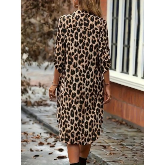 Kadın Uzun Kollu Yakalı önden Düğmeli Leopar Desenli Modal Midi Elbise , 27386 Kadın Uzun Kollu Yakalı önden Düğmeli Leopar Desenli Modal Midi Elbise , 27386